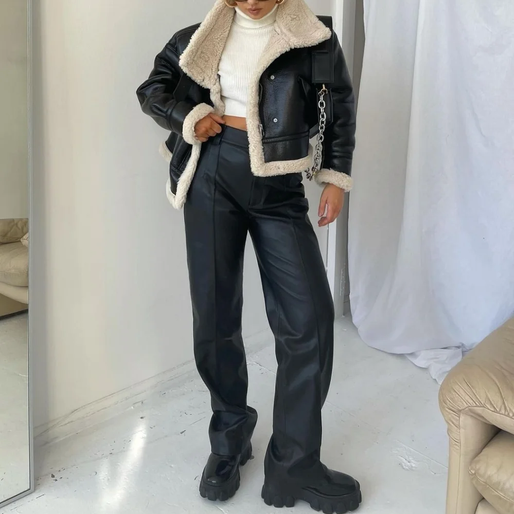 Zara * Faux Leather Straight Wide Pants Black Size S